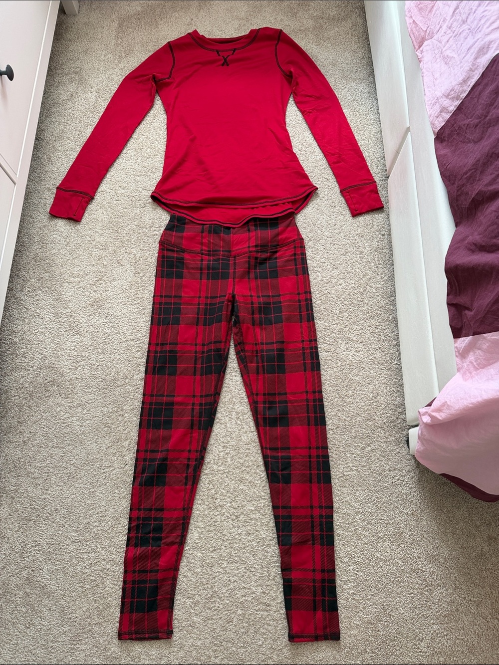Cozy Red Plaid Pajama Set - Long Sleeve Top & Leggings Womens size XS